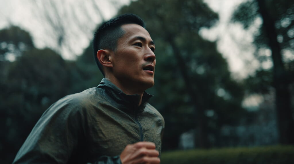 　公園で正しいフォームを意識しながら走る40代日本人ランナー