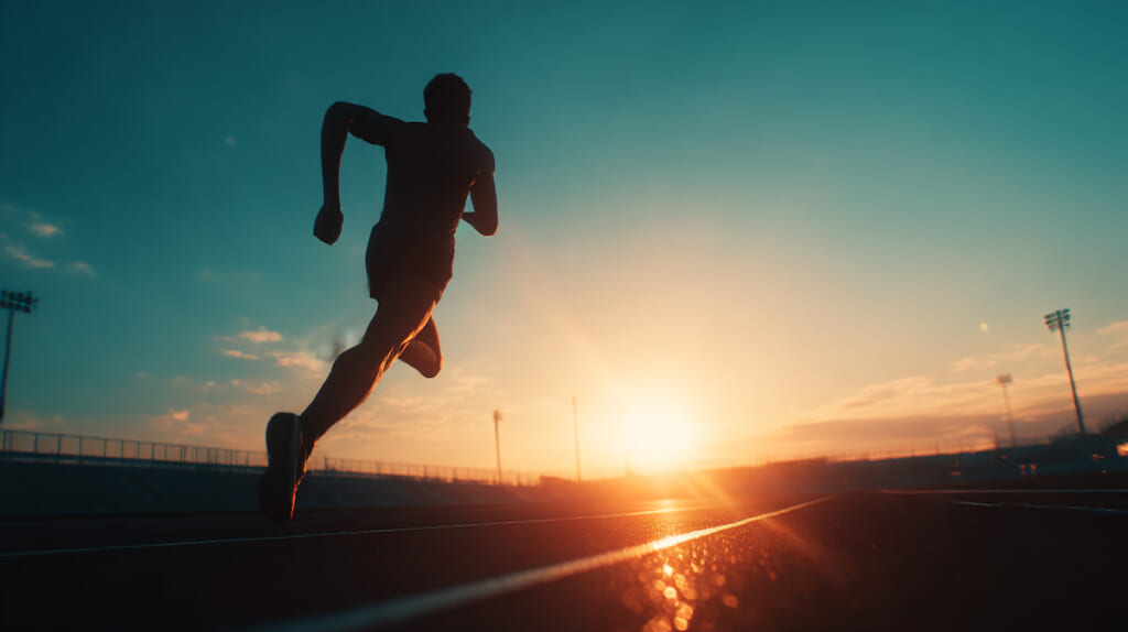 　夕方のトラックでスピード練習を行う40代日本人ランナー