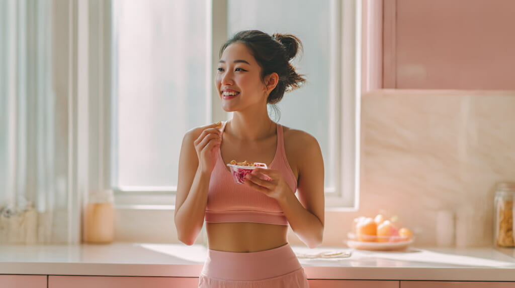 　ランニング後にカステラとヨーグルトで補食する日本人ランナー