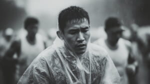 　冬のマラソン大会でポンチョを脱いだ直後、寒さで震える日本人ランナーの様子