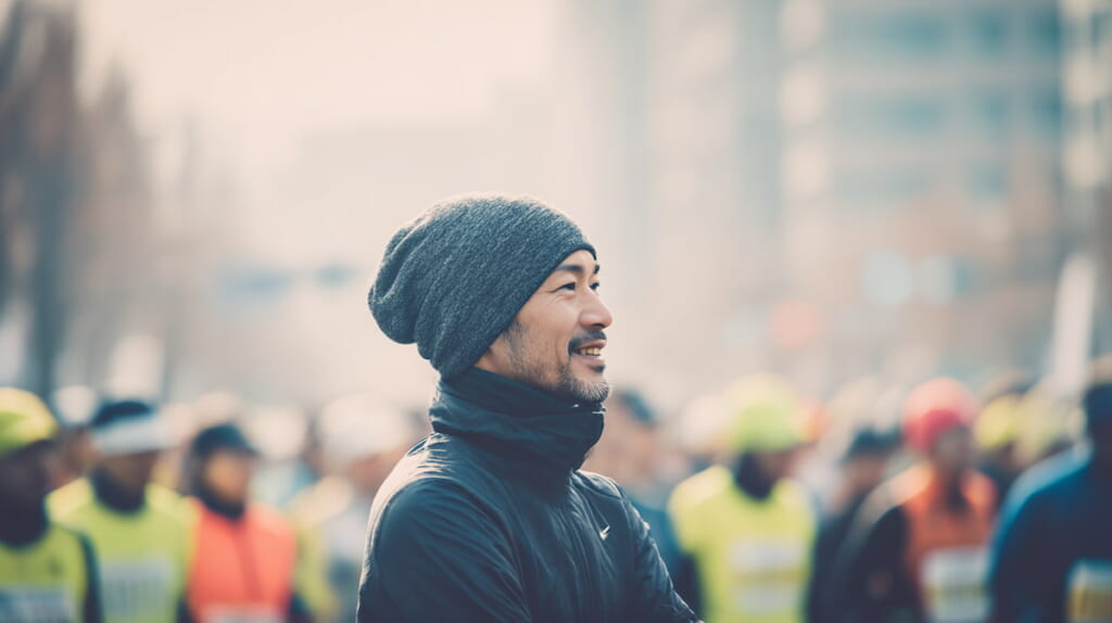 　万全の準備で冬のマラソンに臨む日本人ランナーの落ち着いた表情