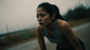 ランニング中に腹部不調を感じてペースを落とす日本人女性ランナーの様子