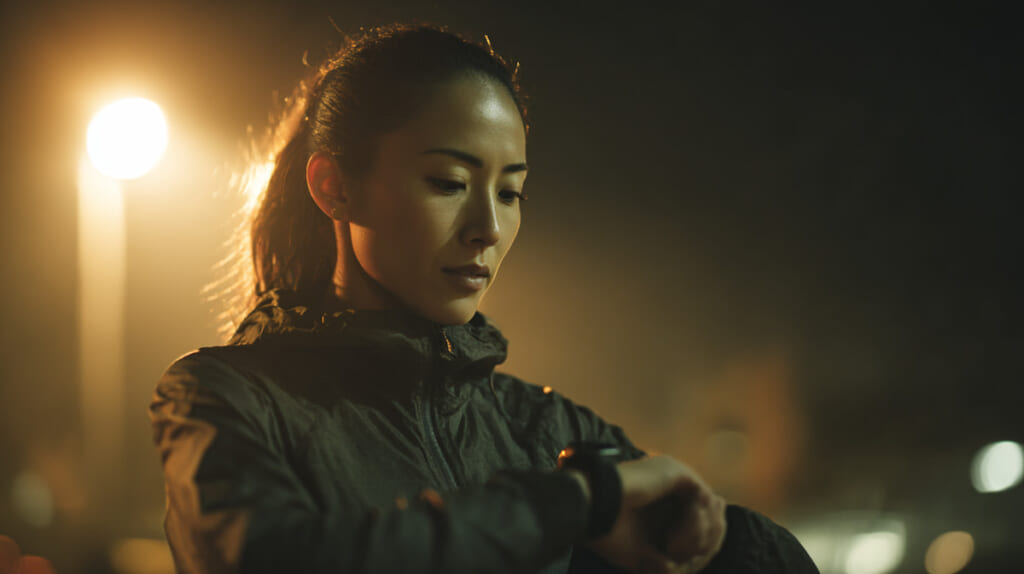 　- 夜道で反射材やライトを身につけて安全に走る40代の日本人女性