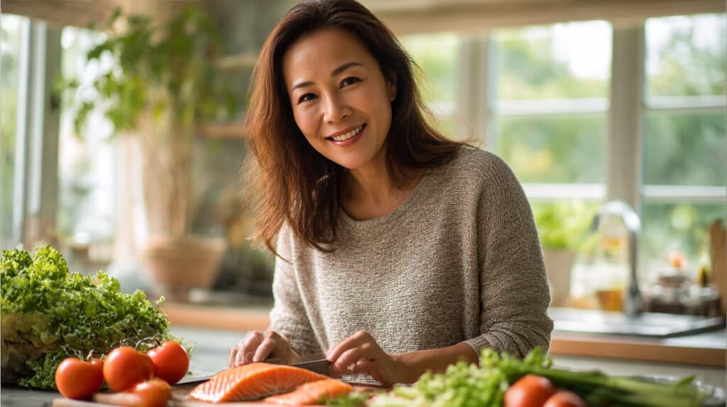 　- 鉄分豊富な食事を用意する40代の日本人女性