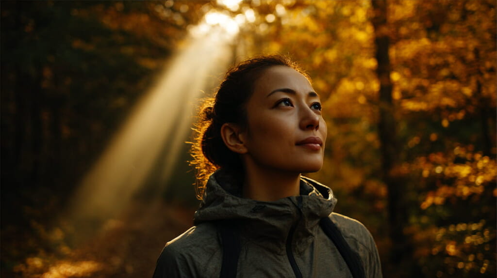 　- 森の中でトレイルランニングを楽しむ40代の日本人女性