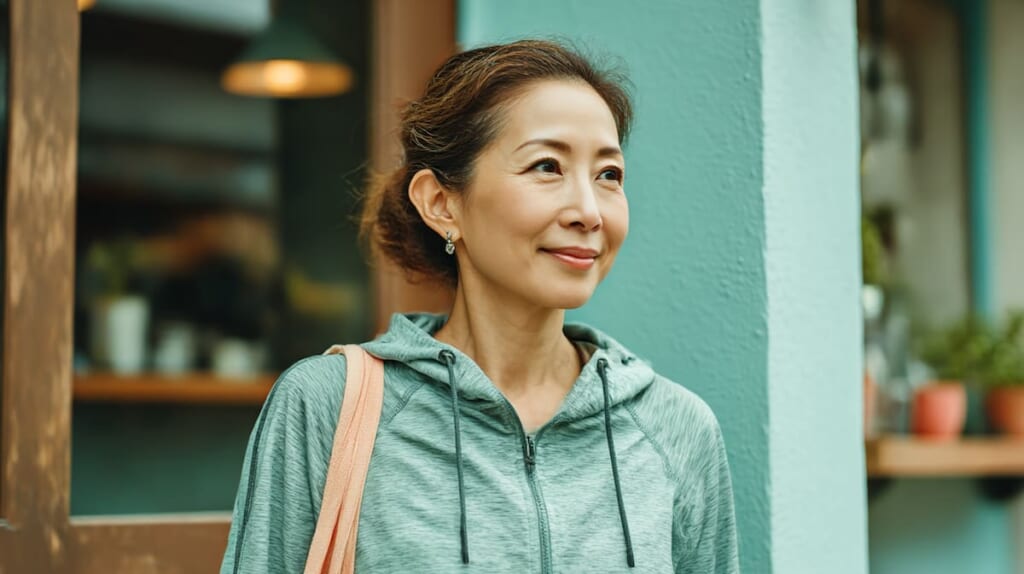 　- 40代女性がスポーツMIXのランニングウェアをおしゃれに着こなしている様子