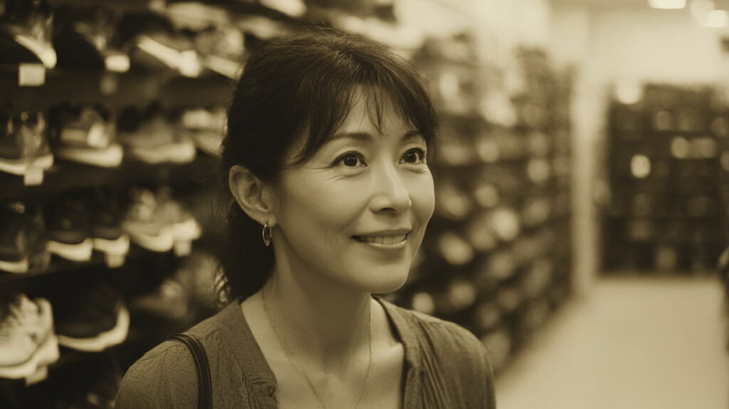 　- ランニングシューズを試着している40代の日本人女性