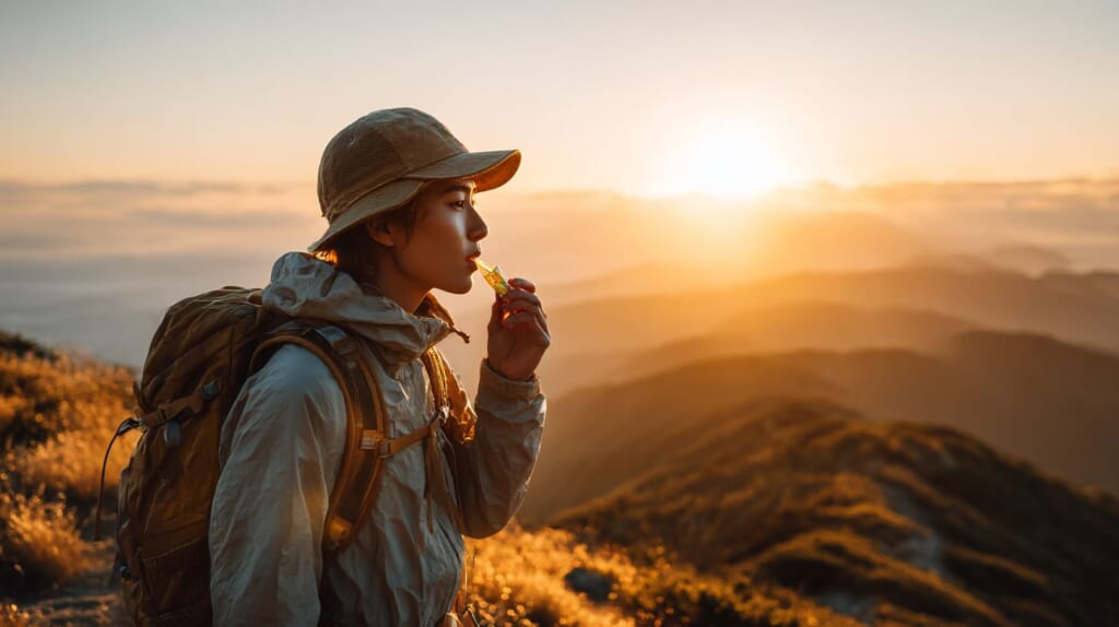 エナジージェルやおにぎり、ナッツなど登山時の行動食を準備した補給戦略イメージ