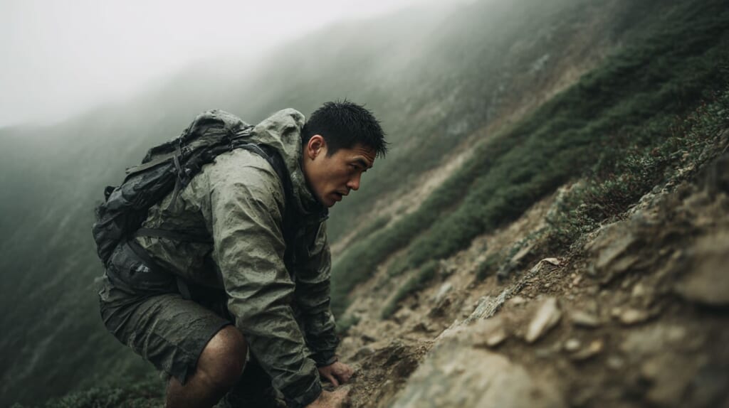 急登の登山道で足が上がらず、低血糖の初期症状に苦しむ日本人男性ハイカー