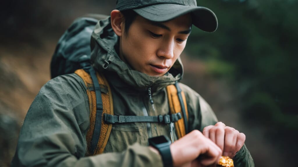 スマートウォッチのアラームを見ながら補給食を取り出す日本人トレイルランナー