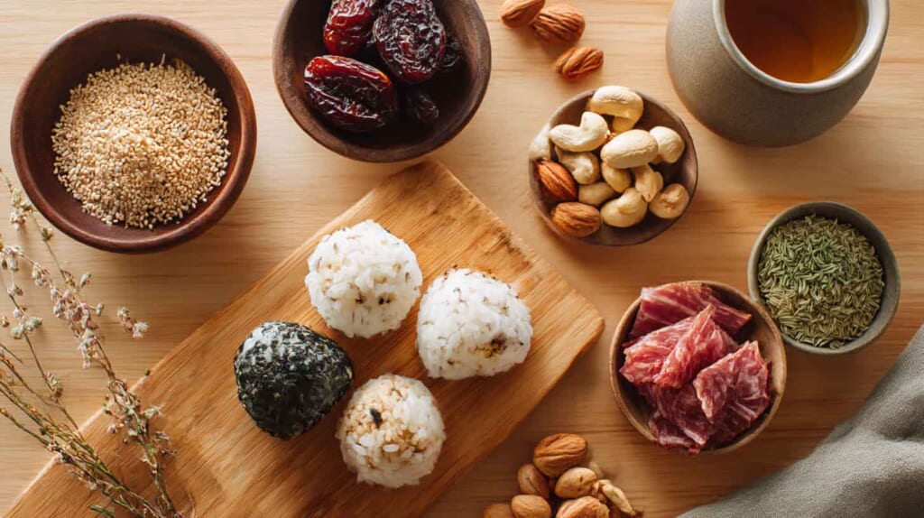 ごま入りおにぎりやナッツ、ジャーキーなどビタミンB1を意識した登山向け補給食