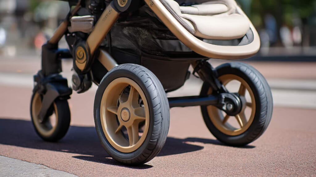 大口径エアタイヤと衝撃吸収シートを備えたランニングベビーカーの機能が分かる接写