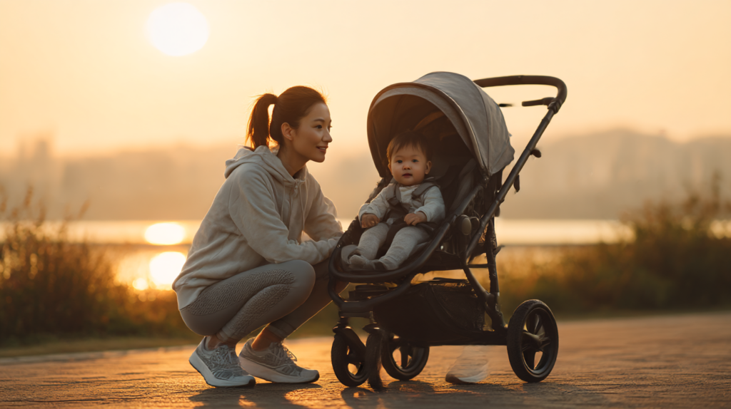 産後の日本人女性がランニングベビーカーの横で準備運動や正しい姿勢確認をしている様子
