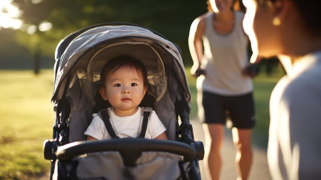 日本人の親がランニングベビーカーを止めて赤ちゃんの頭部や姿勢を確認している安全確認の場面