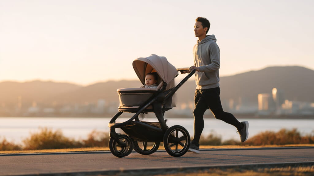 日本人の親が三輪のランニングベビーカーを押しながら安全にジョギングしている様子