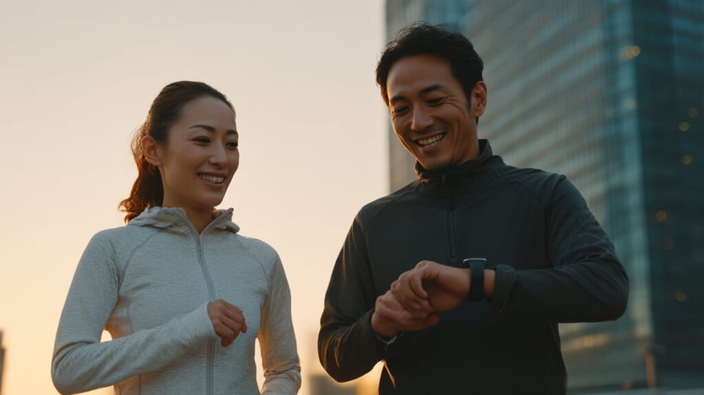 心拍ゾーンを確認しながらゆっくり走る日本人ランナー