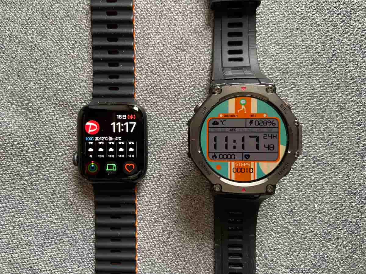 appleウォッチとAmazfit T-Rex 3の画像