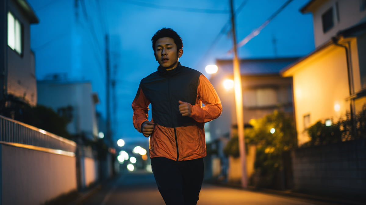 夜の公園をリラックスしたフォームで走る日本人ランナーの様子