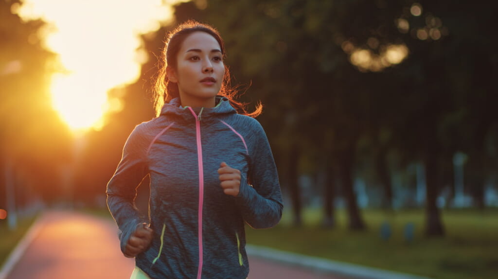 一定のリズムを保ちながら走るランナーの様子を表現した画像。呼吸とストライドを同期させる重要性を解説するセクションで使用し、ランニングのリズム感を視覚的にイメージさせる目的で挿入する。