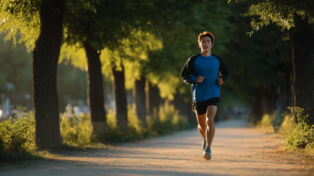 鼻呼吸を意識してゆっくりジョギングする日本人ランナー