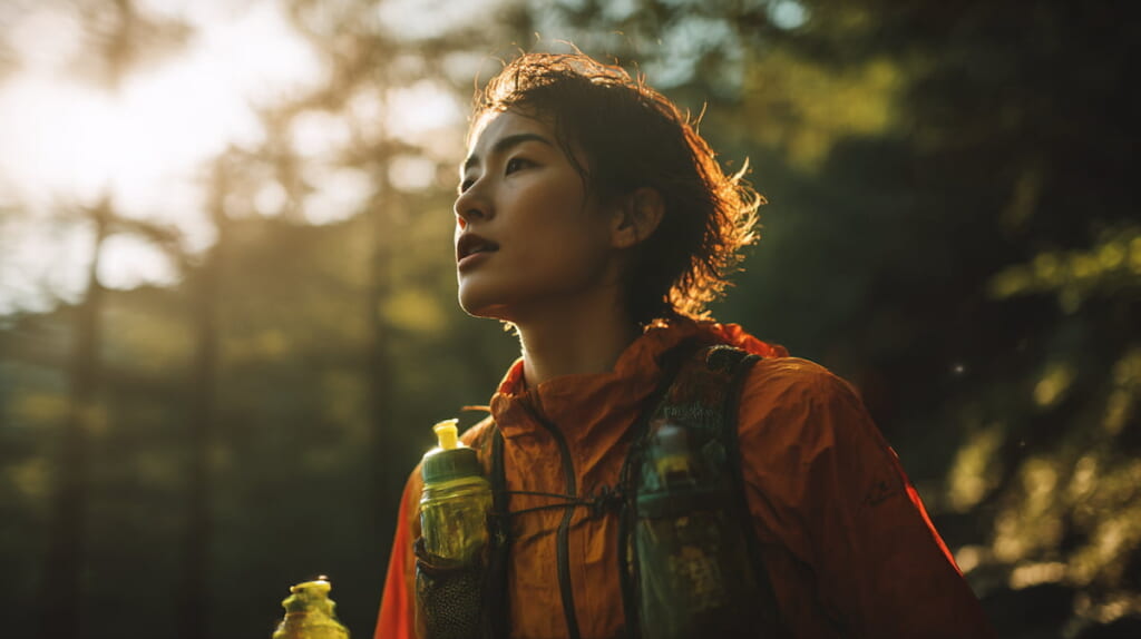 ハイドレーションベストを装着して山道を走る日本人トレイルランナー