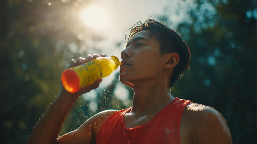 夏のランニング後に氷入りドリンクで体を冷やす日本人ランナー