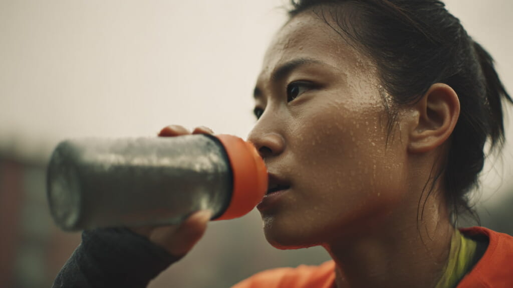 ランニング中にハイドレーションボトルからスポーツドリンクを飲む日本人ランナー