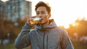 朝の公園を走りながらボトルで水分補給する40代の日本人ランナー