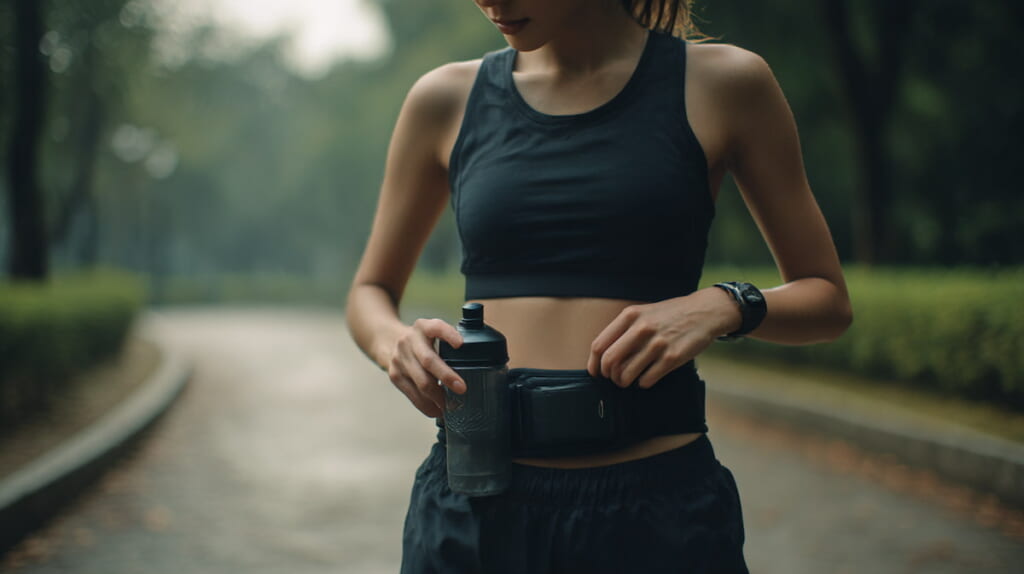 ランニングベルトにボトルを装着して走る日本人ランナー
