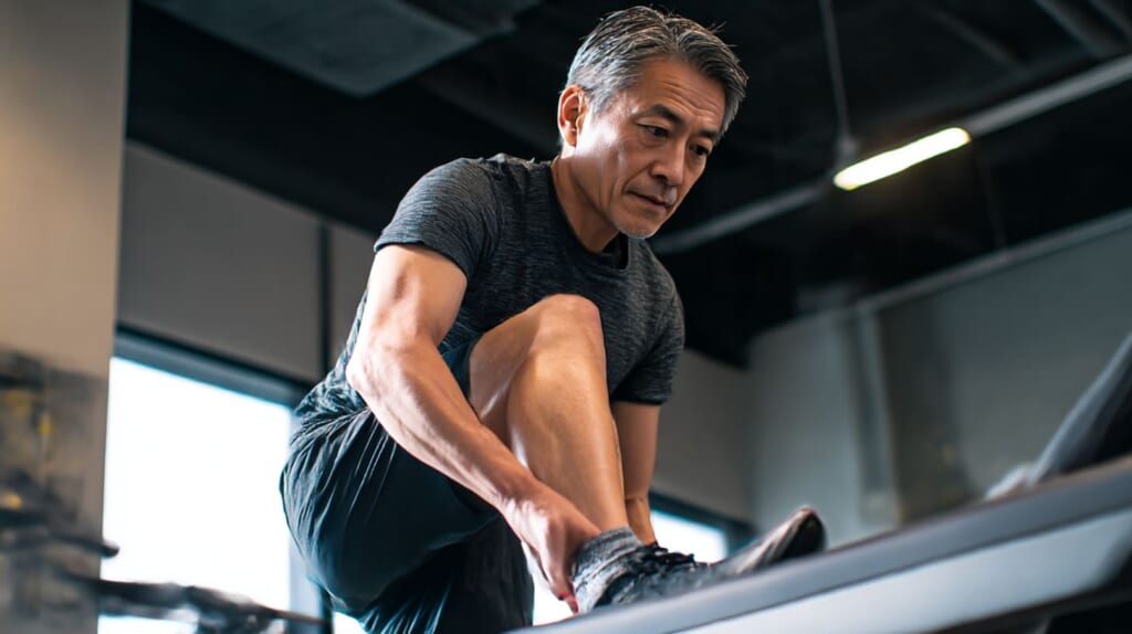 高傾斜トレッドミル後にアキレス腱の張りを確認する40代の日本人ランナー