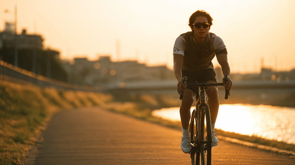 傾斜ウォーキング後に自転車でクロストレーニングする日本人アスリート