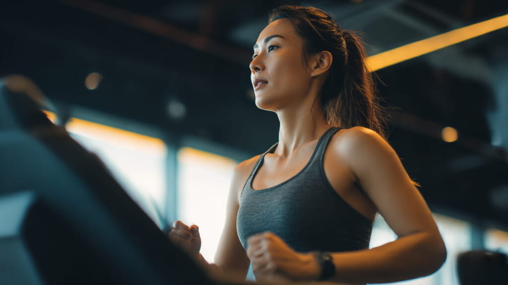 手すりを使わず正しい姿勢で傾斜ウォーキングを行う日本人ランナー