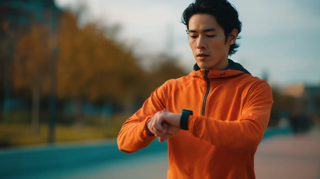 LSD中にスマートウォッチで心拍数を確認する日本人ランナー