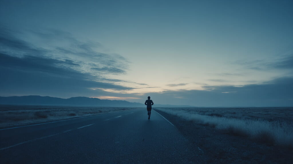朝の川沿いをゆっくり長く走る40代の日本人ランナーのLSDトレーニング風景