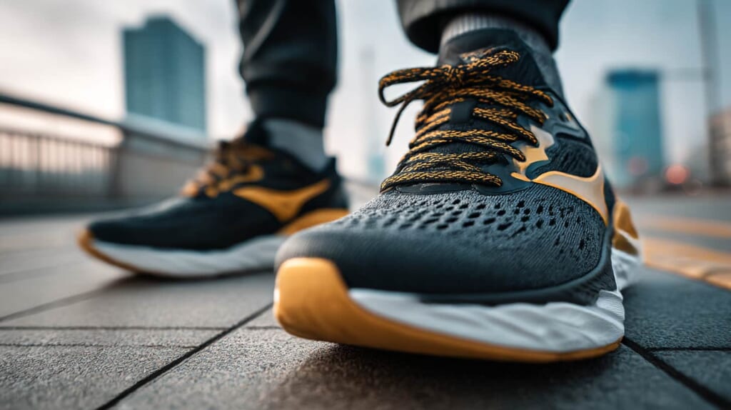 膝への衝撃を抑える厚底ランニングシューズを確認するランナー