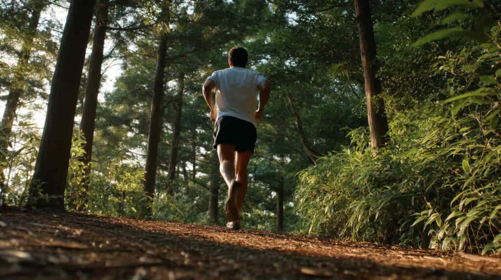 不整地の登りで歩きとランを切り替えながら持久力を鍛える日本人ランナー