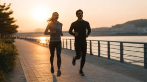 40代の日本人ランナーが朝の公園でランニングとウォーキングを交互に行うイメージ