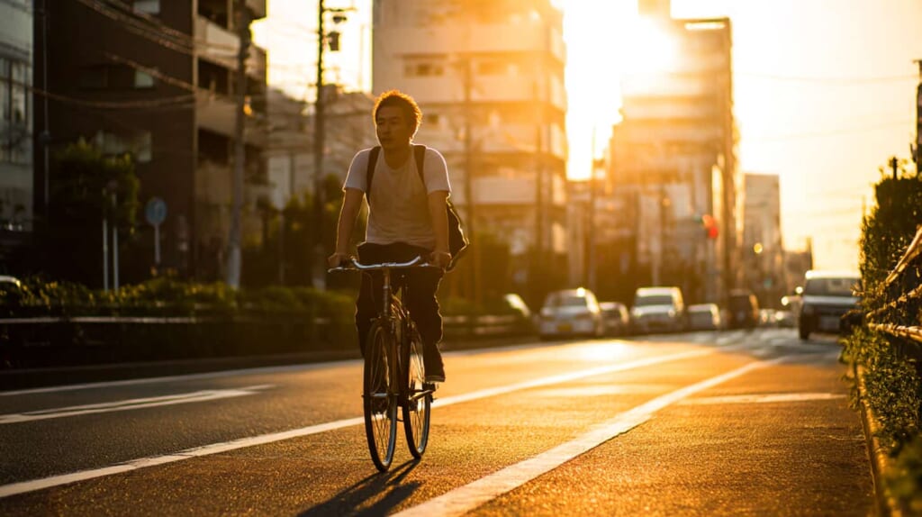 自転車で軽くペダリングしながら回復運動を行う男性