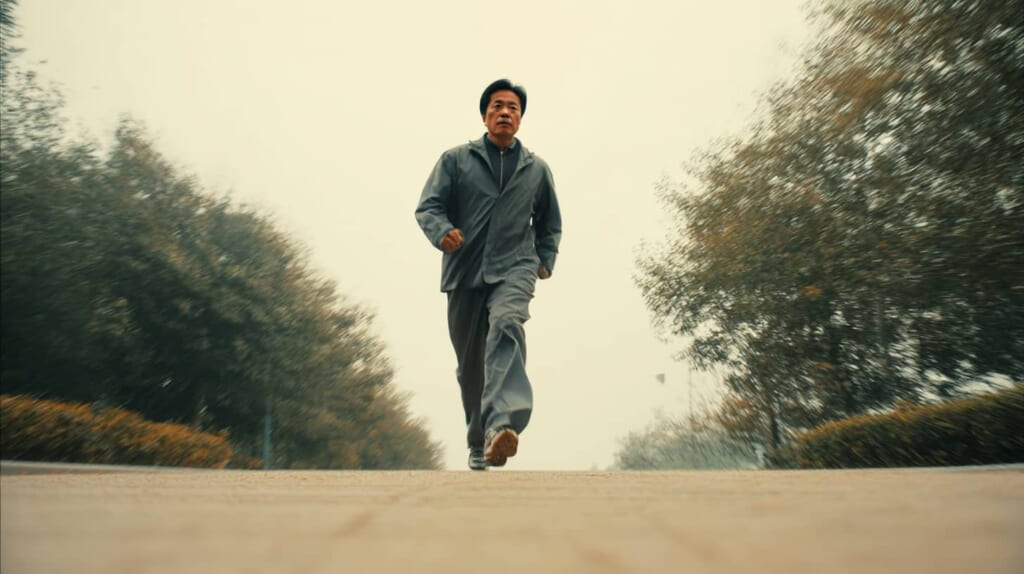 　- 公園でランニングを始めた40代男性がリラックスした表情で歩いている様子