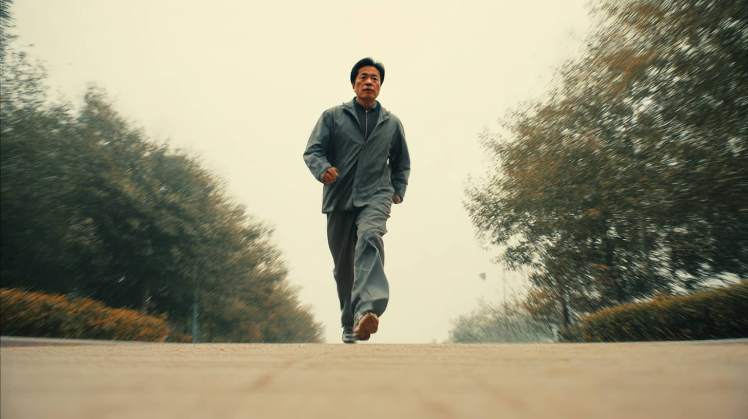 　- 公園でランニングを始めた40代男性がリラックスした表情で歩いている様子