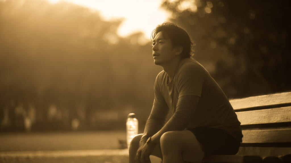 ベンチで休息を取りながら運動後の回復をしているランナー
