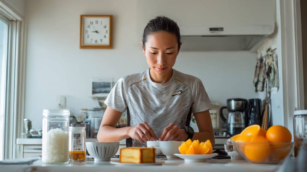 レース前の休養日に糖質中心の食事を準備する日本人ランナー