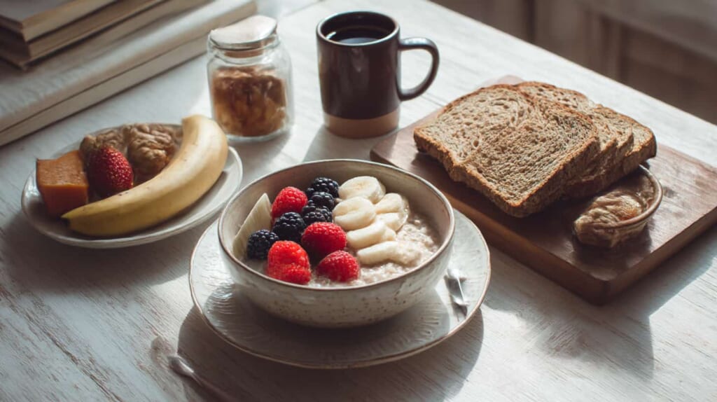 オートミールやベリーなど低GI食品を取り入れた休養日の朝食