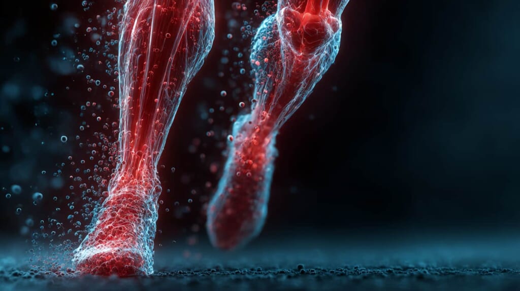 マラソン後半で筋肉内のエネルギー枯渇と乳酸蓄積をイメージ化した日本人ランナーの脚部ビジュアル