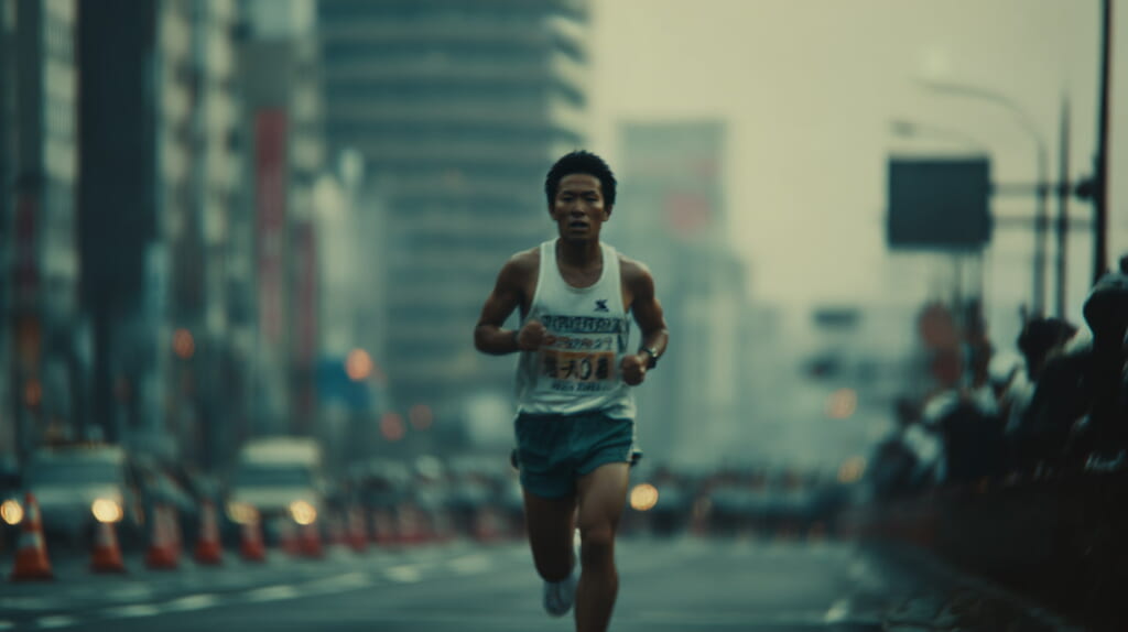 フルマラソン後半で30kmの壁に直面し、脚の重さに耐えながら走る40代日本人男性ランナー