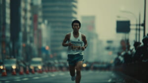 フルマラソン後半で30kmの壁に直面し、脚の重さに耐えながら走る40代日本人男性ランナー