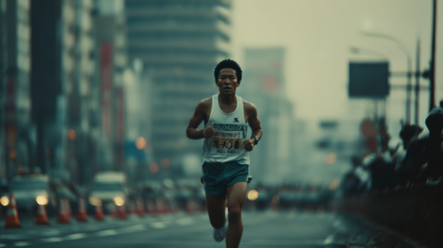 フルマラソン後半で30kmの壁に直面し、脚の重さに耐えながら走る40代日本人男性ランナー