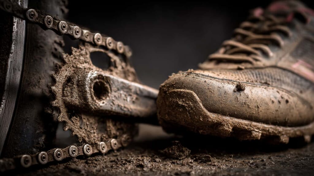 自転車の汚れたチェーンを使って乳酸蓄積の比喩を説明する日本人整備士のイメージ