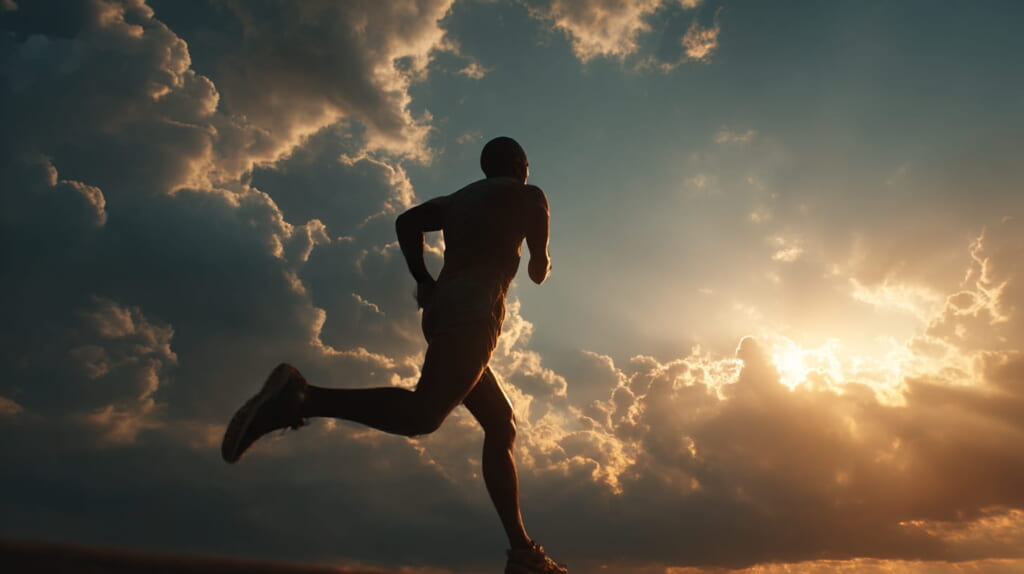 30kmの壁を越えて後半も力強く走り切る40代日本人男性ランナーのフィニッシュイメージ