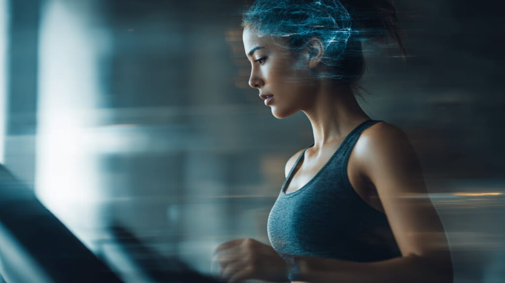 視覚と体感のズレで脳が混乱するランニングマシン酔いのイメージ